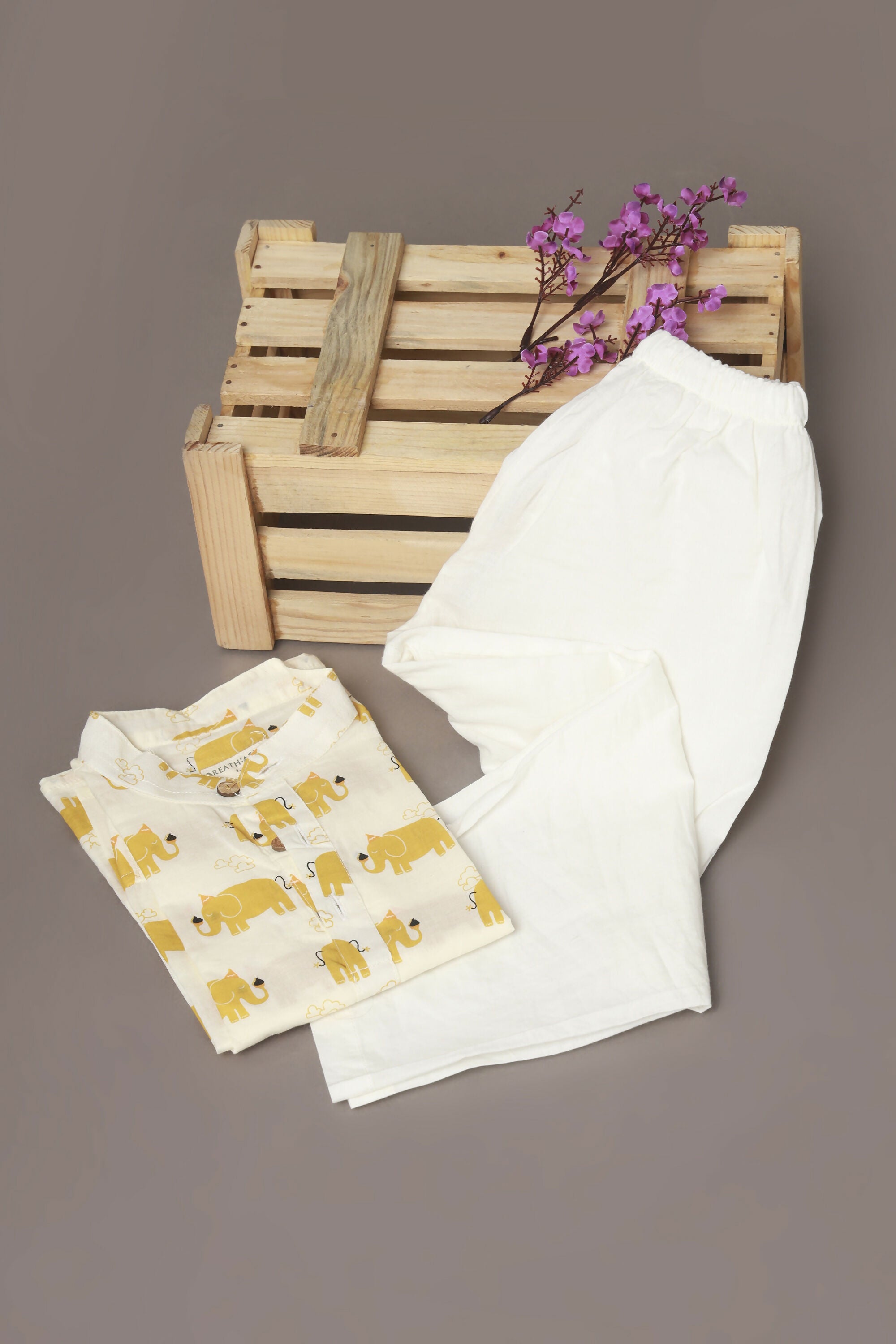 Breathables Kids Cotton Night Suit – Yellow Elephant Print Kurta & Pyjama Co-Ord Set For Boys & Girls - Dista