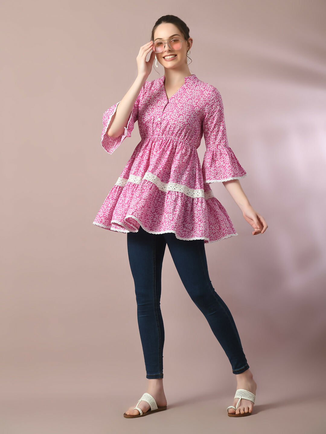 Myshka Women's Pink Embellished Cotton Gathered Party Empire Top - Distacart