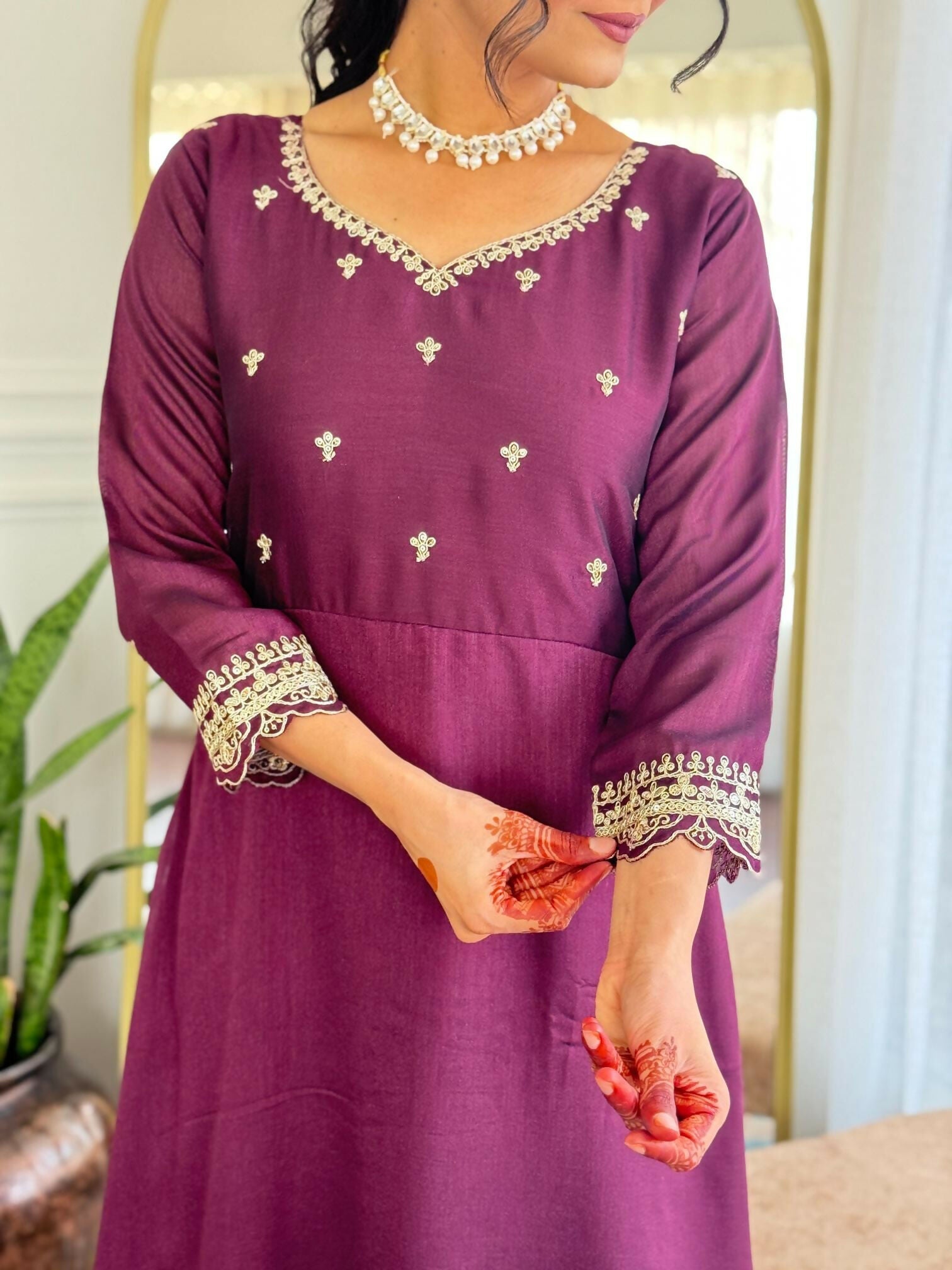 The52 Wine Women's Gorgeous Vichitra Silk Fabric Embroidered Work Flared Anarkali Pant and Dupatta Set