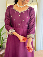 Thumbnail for The52 Wine Women's Gorgeous Vichitra Silk Fabric Embroidered Work Flared Anarkali Pant and Dupatta Set