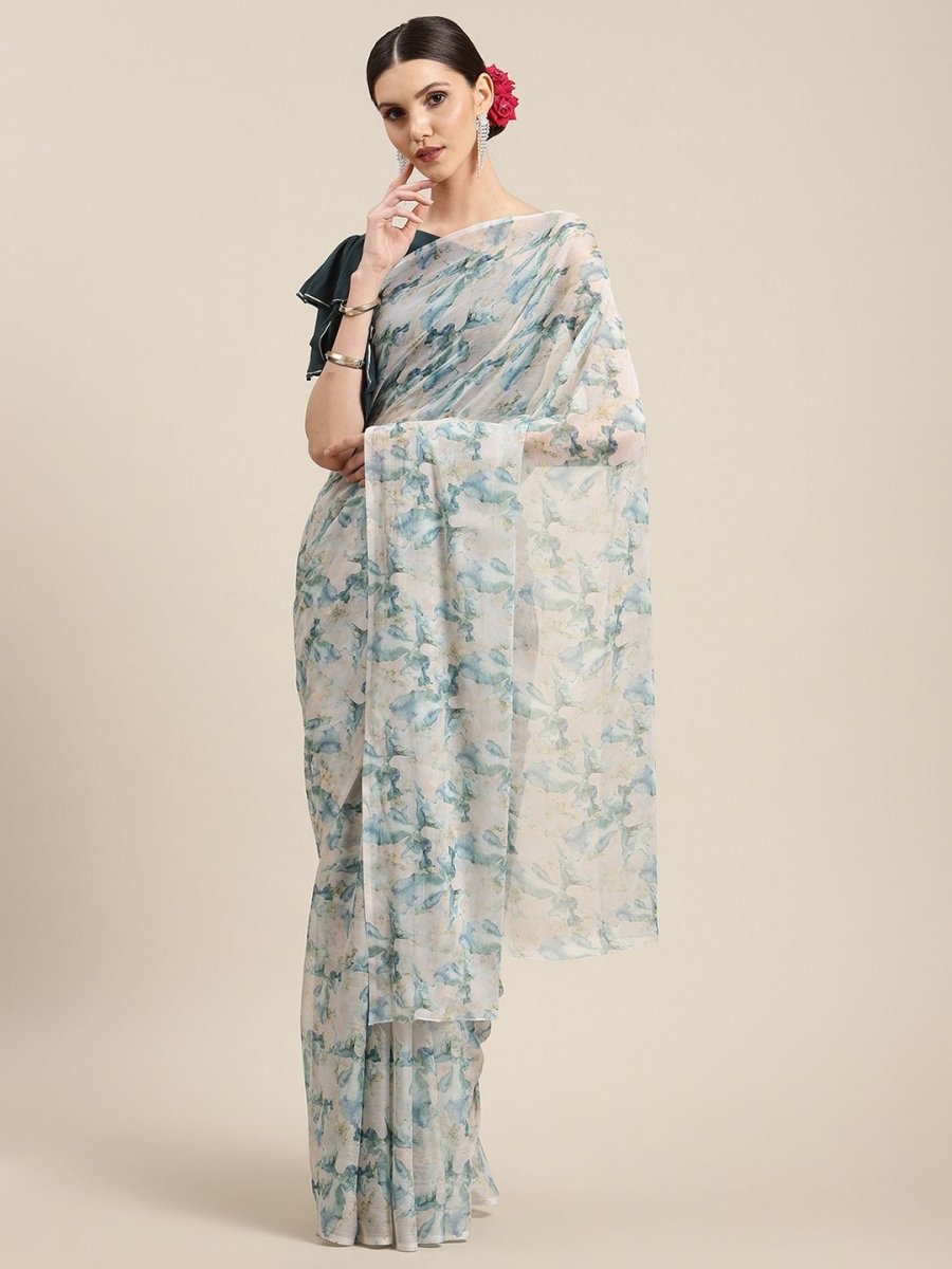 Ahalyaa Women's Off White Chiffon Abstract Digital Print Saree - Distacart