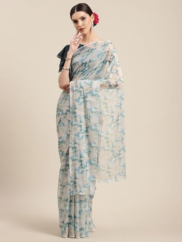 Ahalyaa Women's Off White Chiffon Abstract Digital Print Saree - Distacart