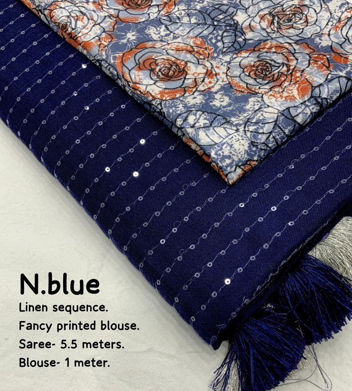 Blue Linen Sequence Saree with Unstitched Blouse - Hiral Fashion - Distacart