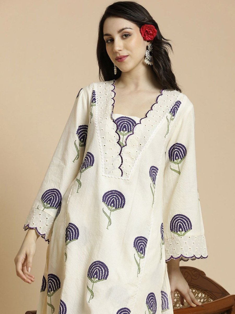 Anouk Floral Printed Bell Sleeves Thread Work Pure Cotton A-Line Kurta With Palazzos