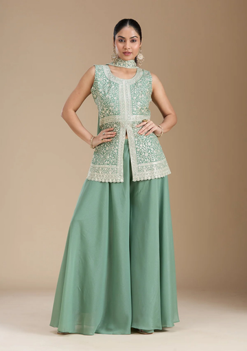 Teeya Creation Teal Color Star Georgette Party Wear Designer Peplum Sharara Set - Distacart