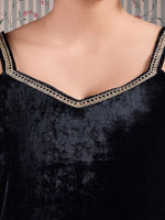 Thumbnail for Ode by House of Pataudi V Neck Gotta Patti Velvet Straight Kurta with Trousers & Dupatta - Distacart