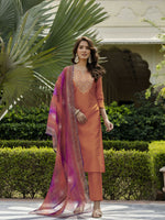 Thumbnail for The52 Orange Women's Gorgeous Embroidered Rayon Fabric with Straight Kurta, Pant and Dupatta Set - Distacart