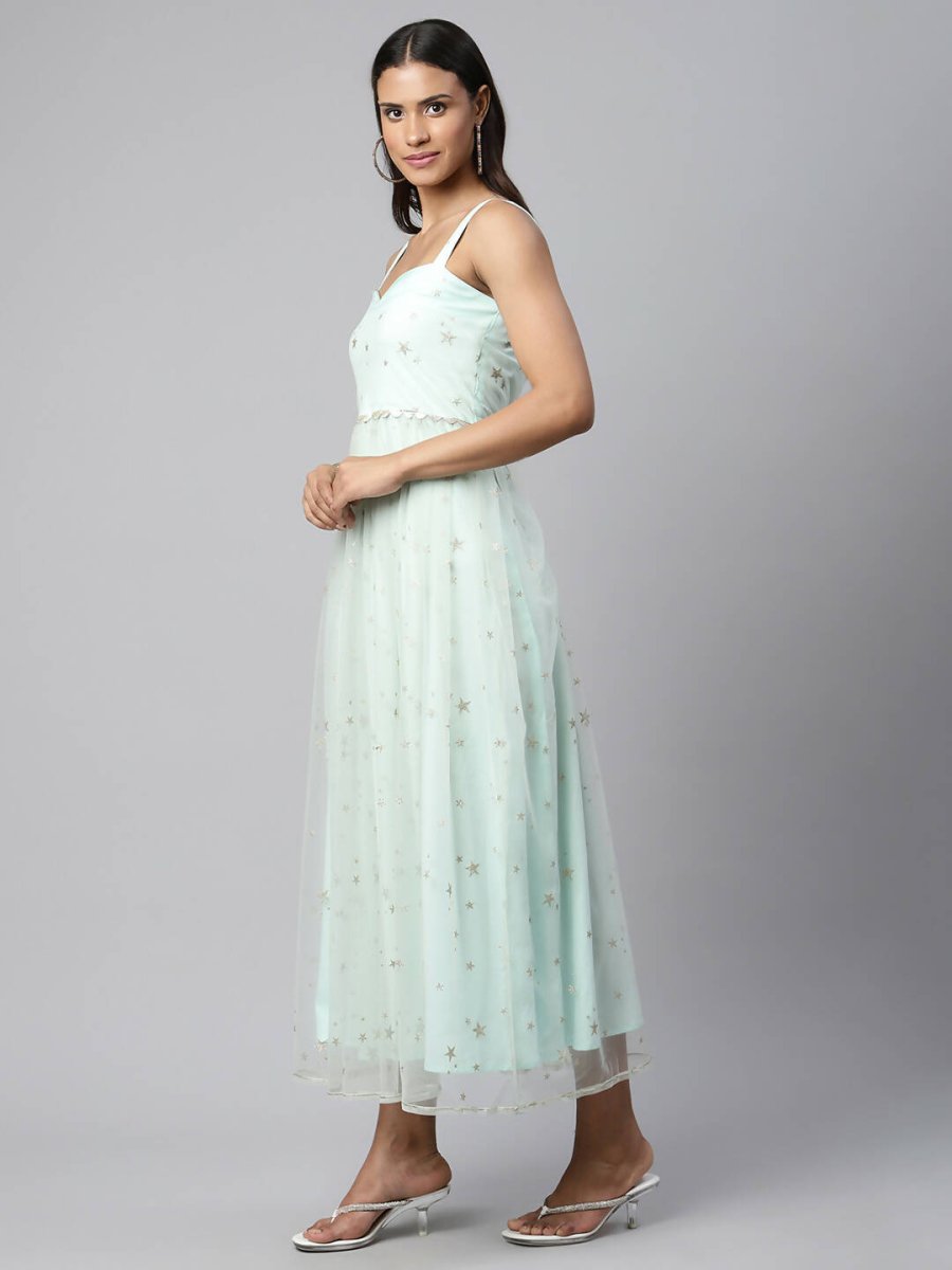 Ahalyaa Women Summer Blue Net Glitter Printed Dress - Distacart