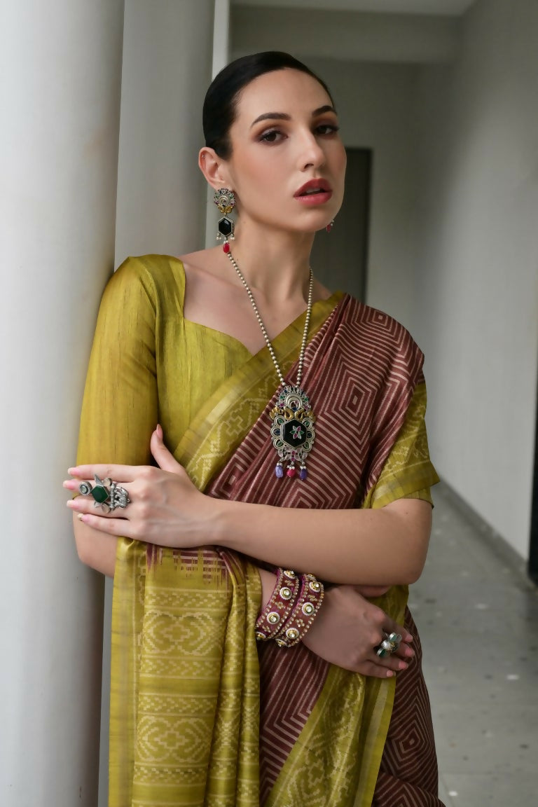 Vishnu Weaves Women's Pista Soft Tussar Silk Printed Saree with Blouse