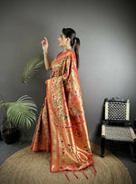 Thumbnail for Joban Fashion Red Floral & Bird Motifs Soft Silk Paithani Saree - Distacart