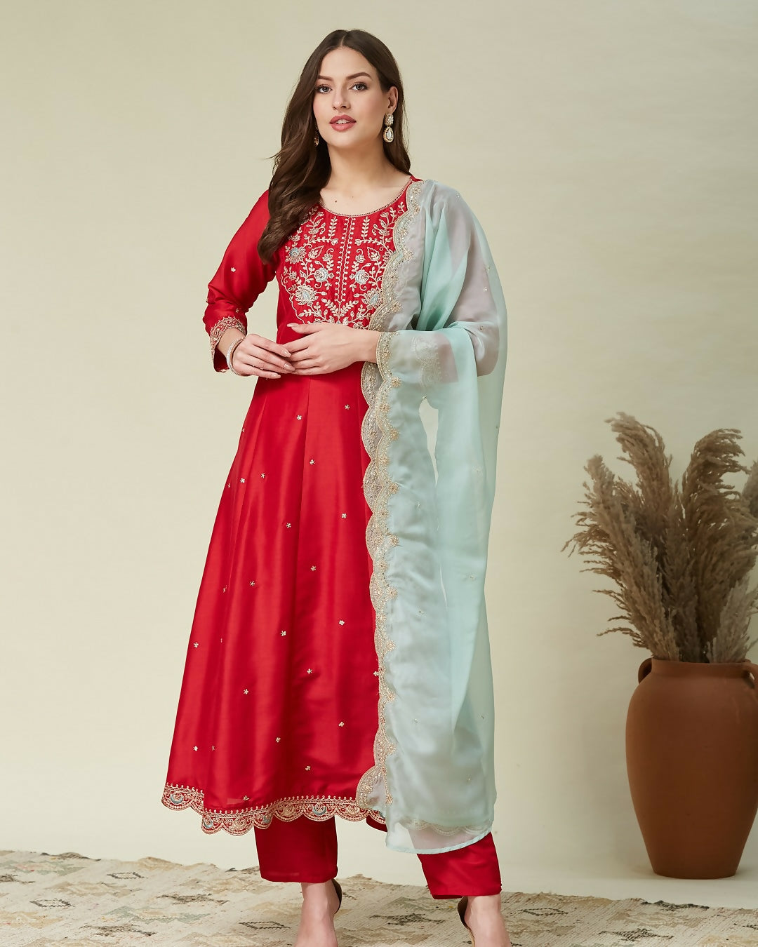 The52 Women's Beautiful Vichitra Fabric Embroidery Work Flared Anarkali Pant and Dupatta Set - Distacart