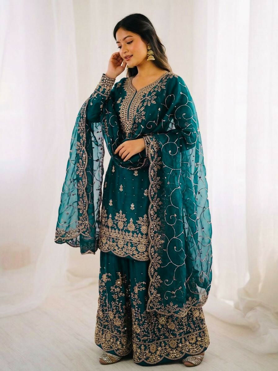 Teeya Creation Morpich Color Gymmi Silk Embroidery Work Wedding Wear Sharara Set - Distacart
