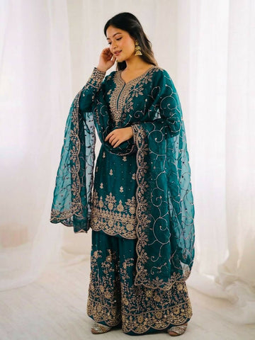 Teeya Creation Morpich Color Gymmi Silk Embroidery Work Wedding Wear Sharara Set - Distacart
