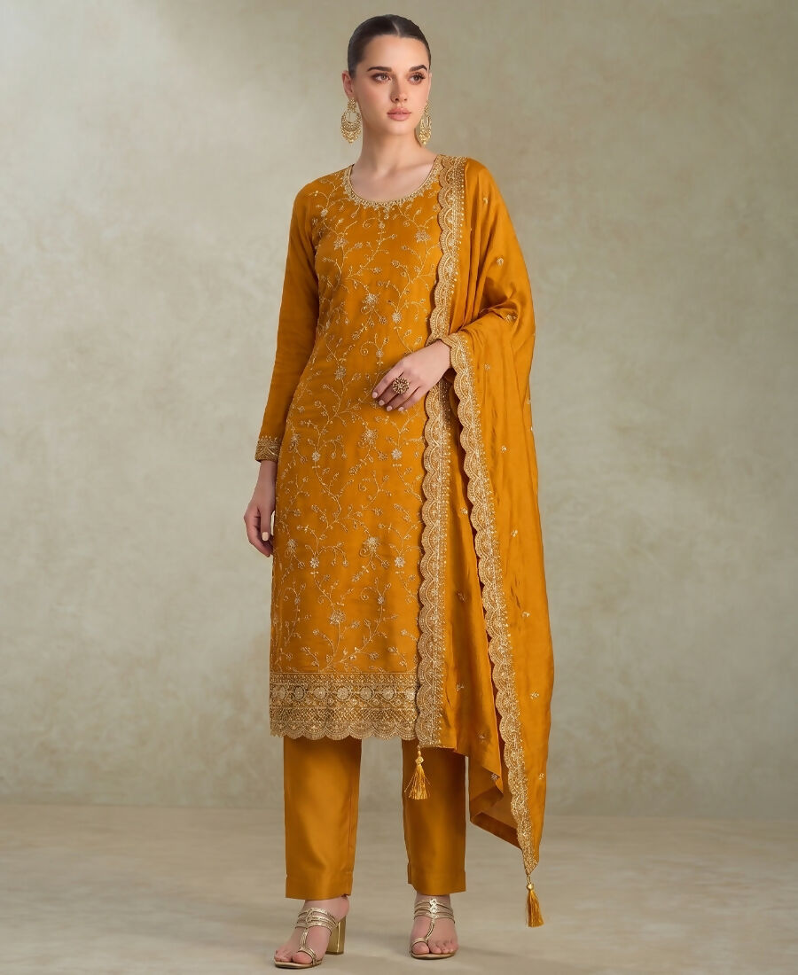 KC Yellow Silk Straight Suit For Women Heavy Embroidery Work - Dista