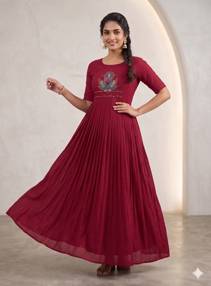 Teeya Creation Women's New Trendy Rani Pink Pleated Maxi Dress with Intricate Peacock Beadwork - Dista