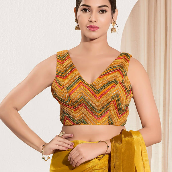 Joban Fashion Mustard Net Padded Blouse With V Neck Sleeveless - Distacart