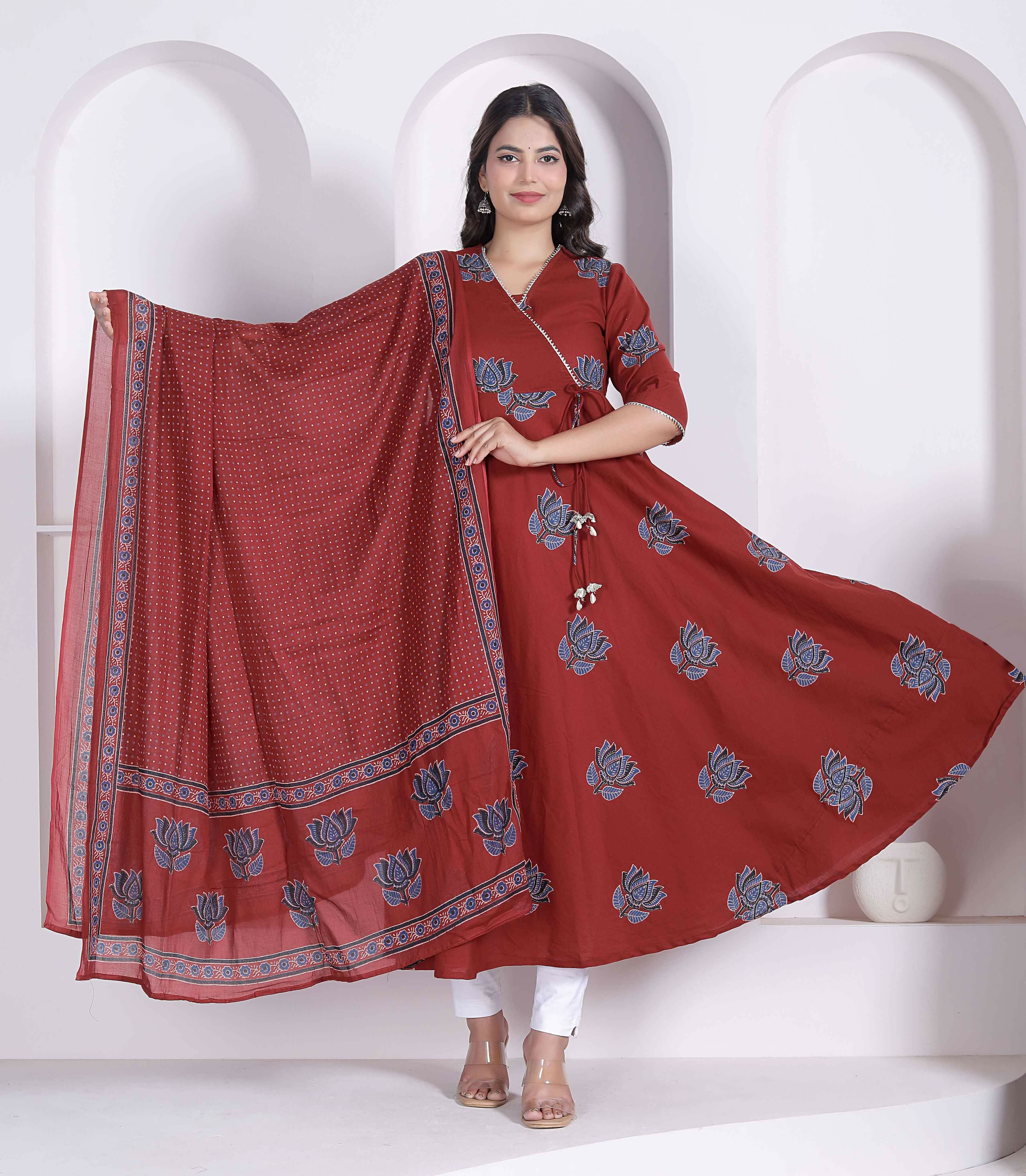 Miravan Women Rust Floral Printed Angrakha Kurta And Dupatta - Dista