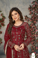 Thumbnail for Anaita Maroon Embroidered Net Stitched Anarkali suit - Distacart