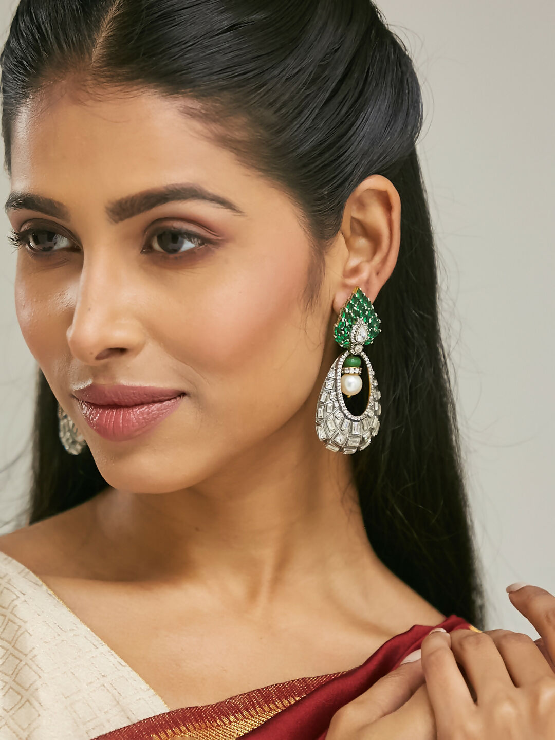 Nuyug 22K Gold-Plated Zircon Studded & Pearl Teardrop Shaped Dangler Earrings