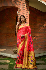Thumbnail for Jyoti Fashion Women's Gajri Red Paithani Silk Zari Woven Saree with Blouse - Distacart