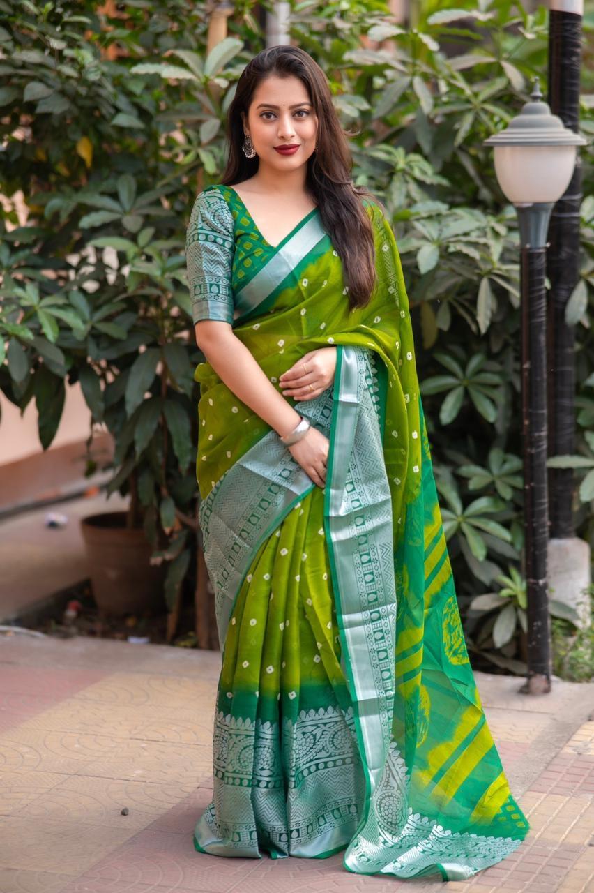Green Jute Silk Ethnic Motifs Saree with Unstitched Blouse - A2M - Distacart