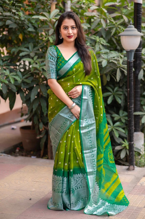 Green Jute Silk Ethnic Motifs Saree with Unstitched Blouse - Hiral Fashion - Distacart