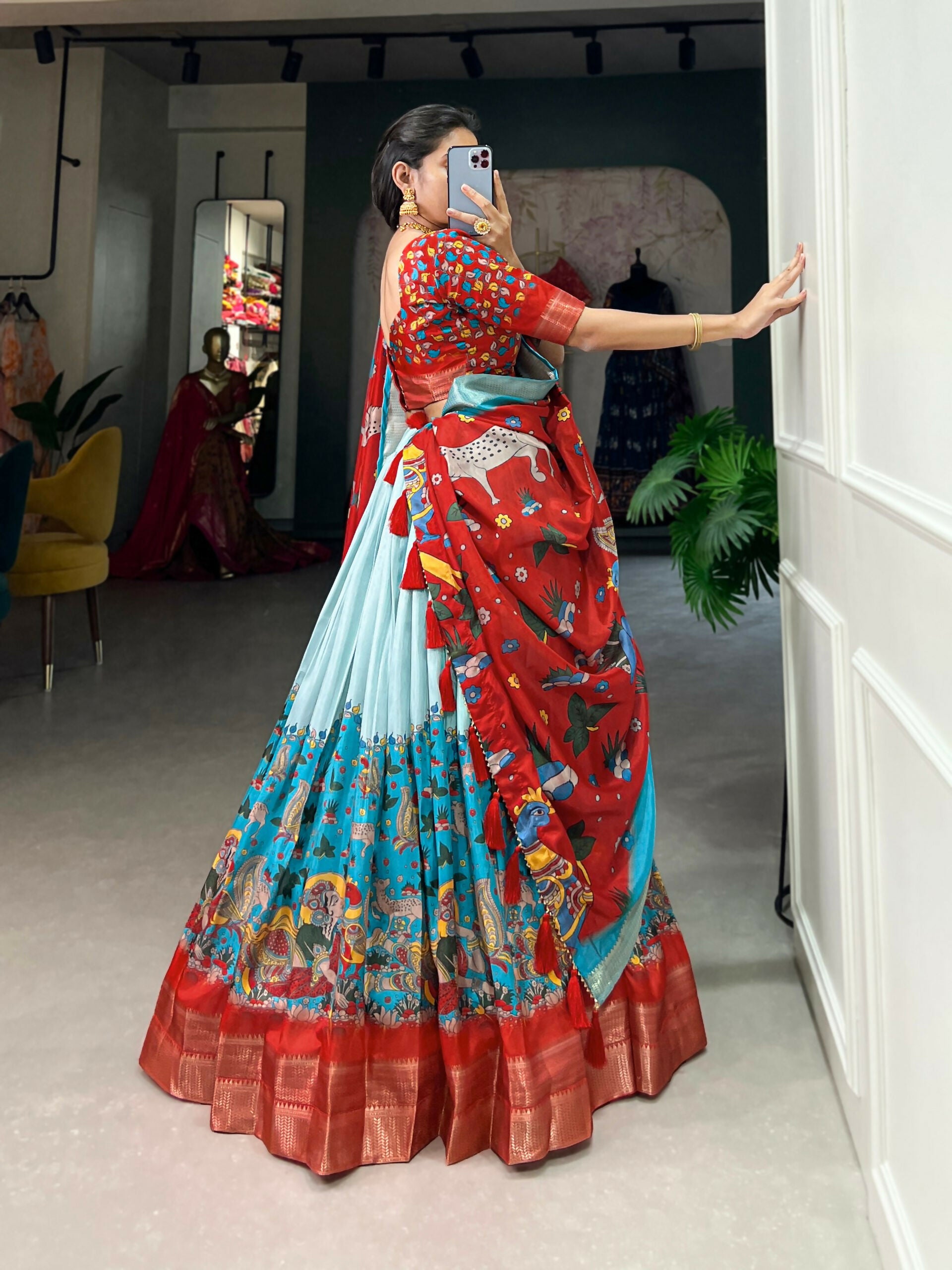 Vastranavya Kalamkari Print With Weaving Border Lehenga with Unstitched Blouse - Sky Blue - Distacart