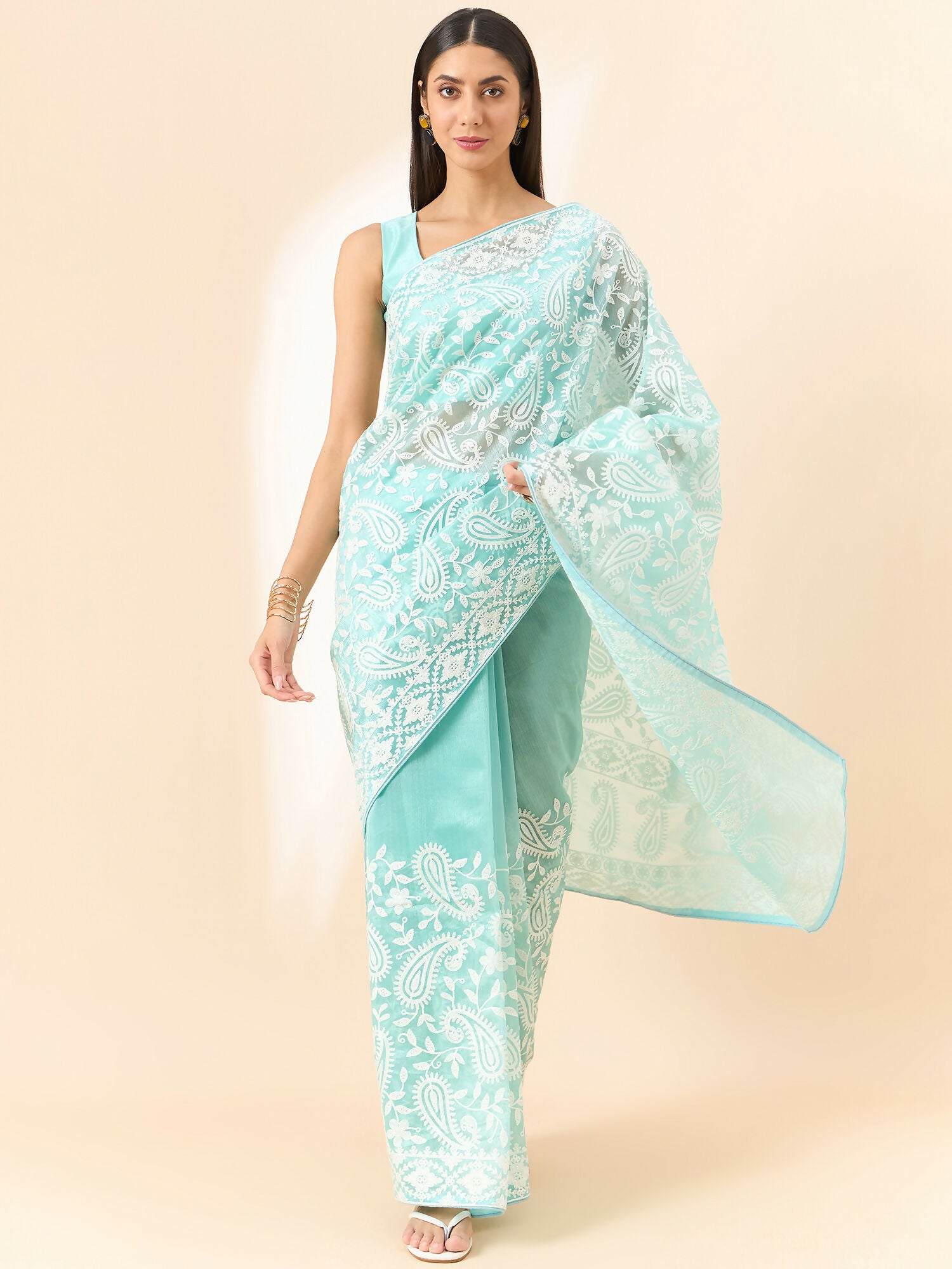 Blue Organza Paisely Embroidered Saree with Unstitched Blouse Piece - Roozal - Distacart
