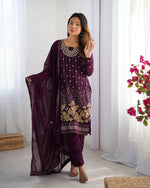 Thumbnail for Joban Fashion Deep wine purple Kurta set with Pant Georgette Thread with Sequins work