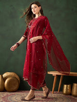 Thumbnail for Sangria Embroidered A-Line Kurta & Trousers With Dupatta