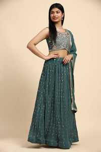 Thumbnail for Green Georgette Embroidered Lehenga choli with Dupatta - Dhara - Distacart