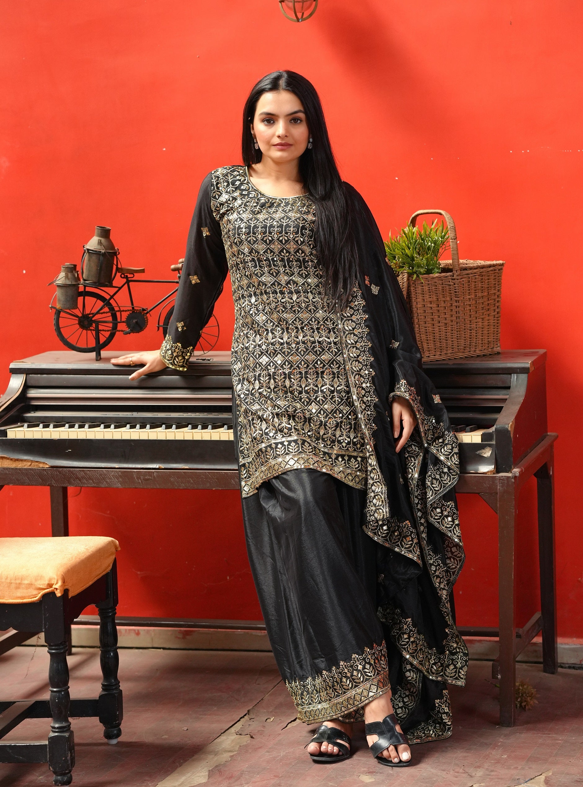 Lehenga Mart Designer Chinon Sharara Suit With Sequence Embroidered Work - Black - Distacart