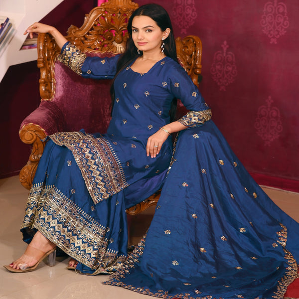 Lehenga Mart Designer Chinon Suit With Sequence Embroidered Work - Blue - Distacart
