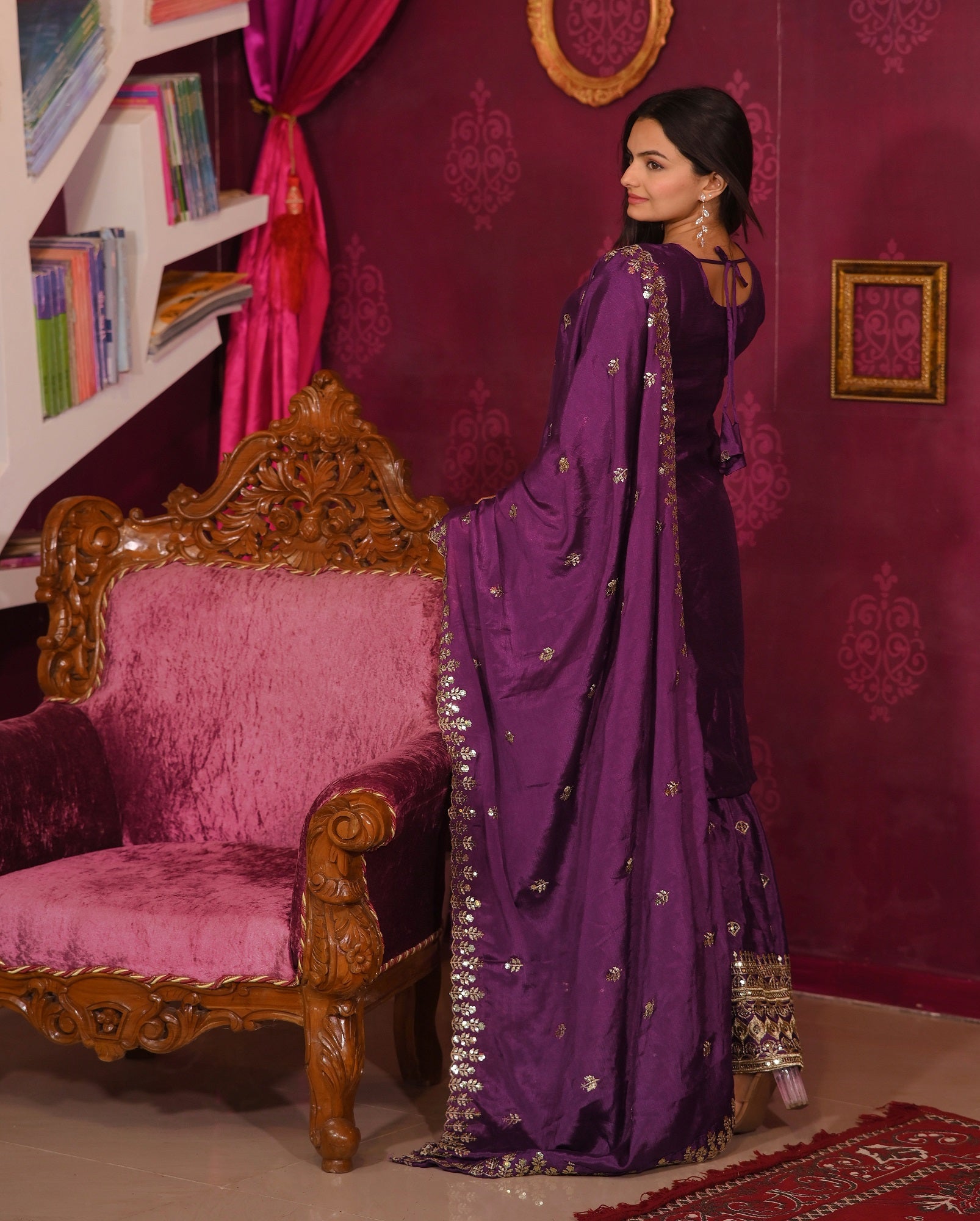 Lehenga Mart Designer Chinon Suit With Sequence Embroidered Work - Wine - Distacart