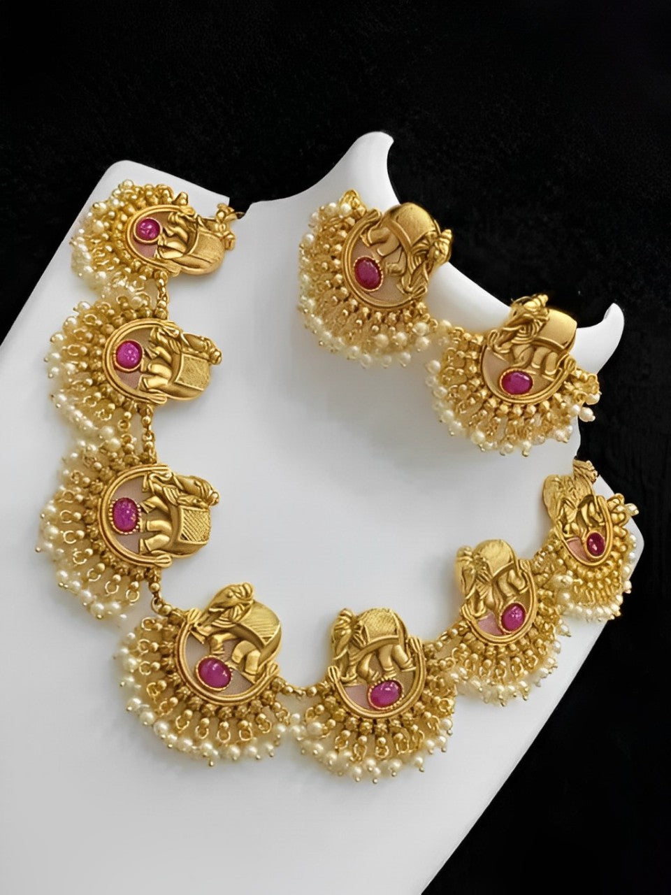Jewel City Exquisite Elephant Motif Gold Necklace Set with Pearl Accents - Traditional Indian Jewelry