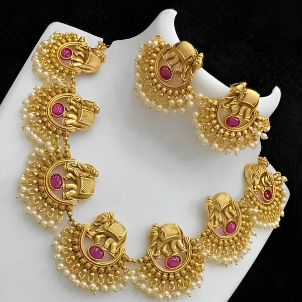 Jewel City Exquisite Elephant Motif Gold Necklace Set with Pearl Accents - Traditional Indian Jewelry - Distacart