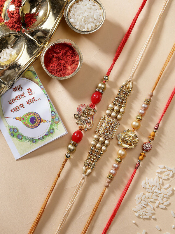 NVR Men Set of 4 Multicolor Stone-Studded Ganesh Rakhi With Roli Chawal & Chocolate - Distacart