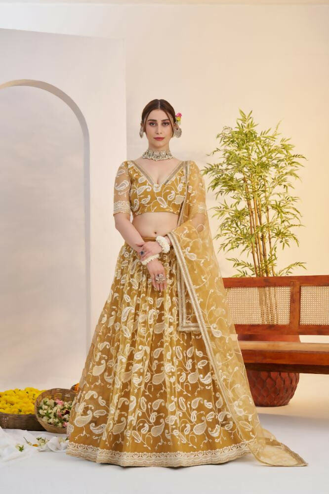 Aastha Fashion Light Golden Butterfly Net White Cotton Thread Work And Sequence Work Embroidery Wedding Wear Lehenga Choli - Distacart