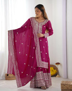 Thumbnail for Joban Fashion Pink Kurta Set Silk Sequins , Zari, Coding & Thread Embroidered work - Distacart