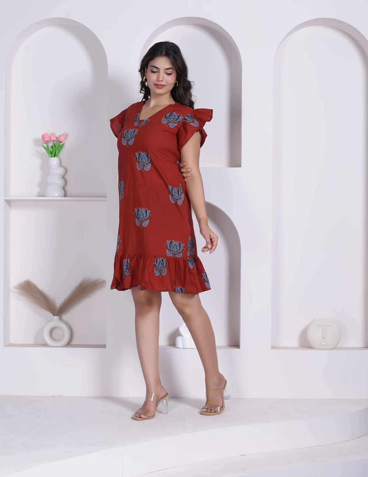 Miravan Women Empire Waist Rust Mini Length Dress - Dista
