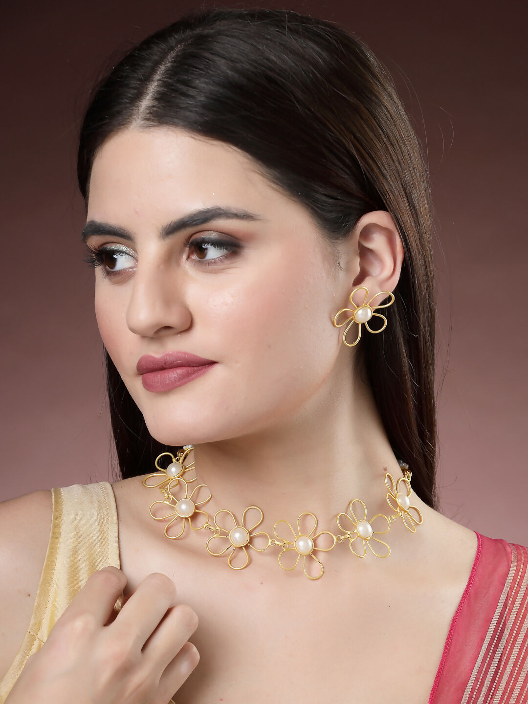 NVR Women's Gold Floral Shape Beaded Handcrafted Jewellery Set - Distacart