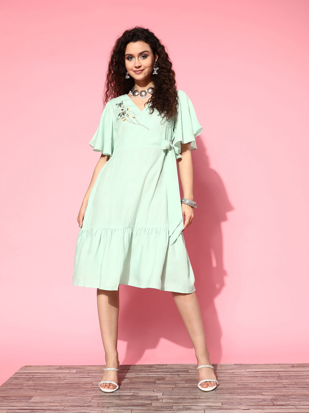 Yufta Embroidered Tiered Wrap Dress - Distacart