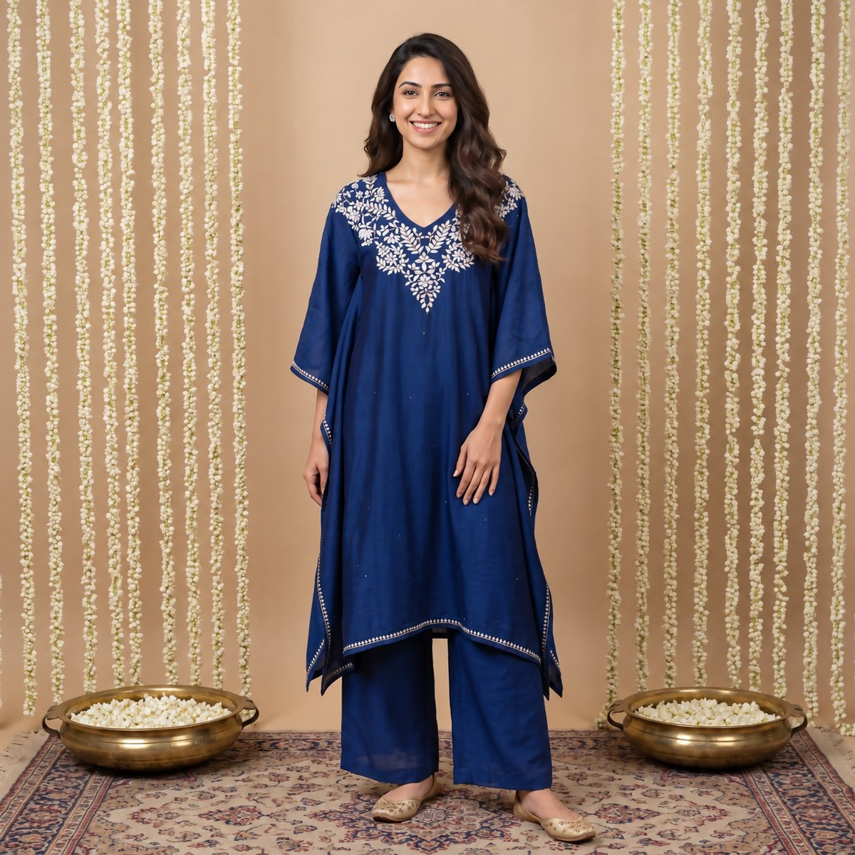 Gharana India Premium Chanderi Silk Midnight Blue Chikankari Kaftan Set with Kamdani Work
