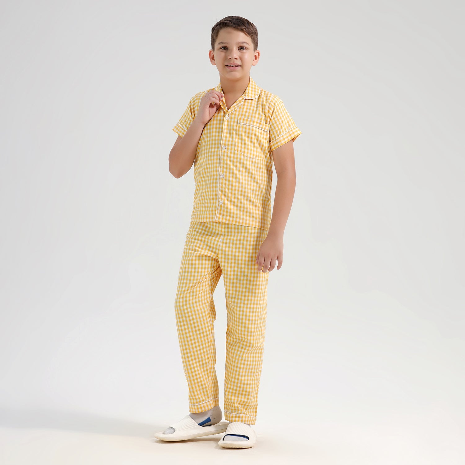 Chilins Kids Cotton Blend Night Suit| Sleepwear | Checked Design | Yellow