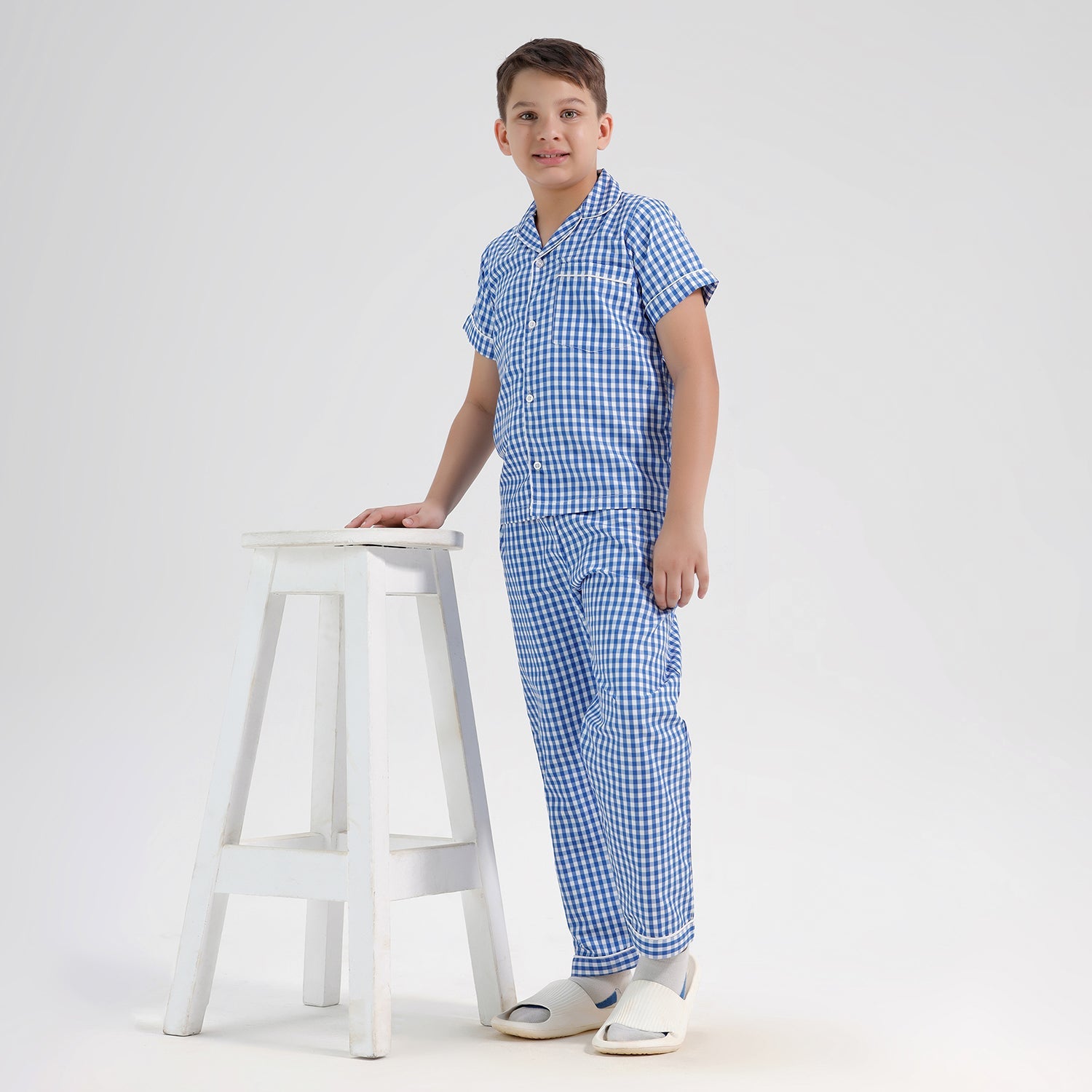 Chilins Kids Cotton Blend Night Suit| Sleepwear | Checked Design | Blue