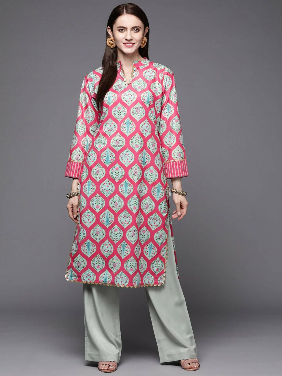 Ahalyaa Women Pink & Sea Green Floral Printed Gotta Patti Velvet Kurta - Distacart