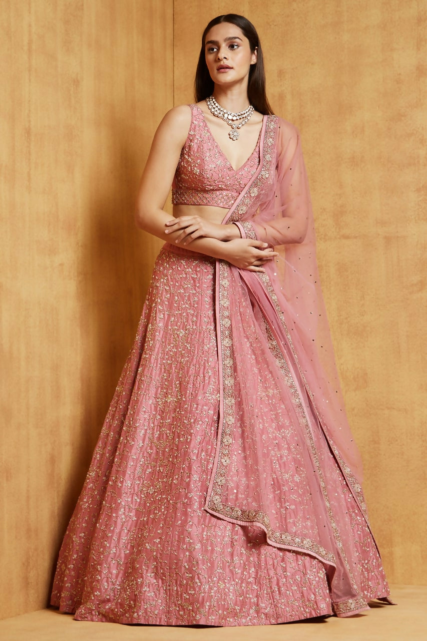 Jyoti Fashion Peach Cording Dori with Zari Thread Sequence Embroidery Malai Satin Silk Lehenga Choli with Dupatta - Distacart