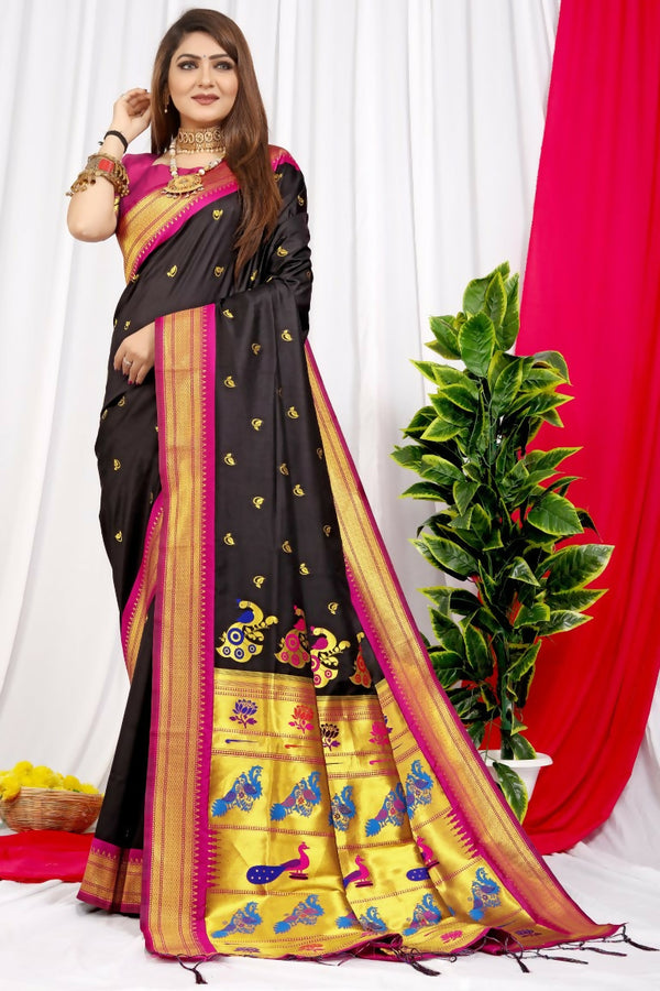 Jyoti Fashion Women's Black Paithani Silk Zari Woven Saree with Blouse - Distacart