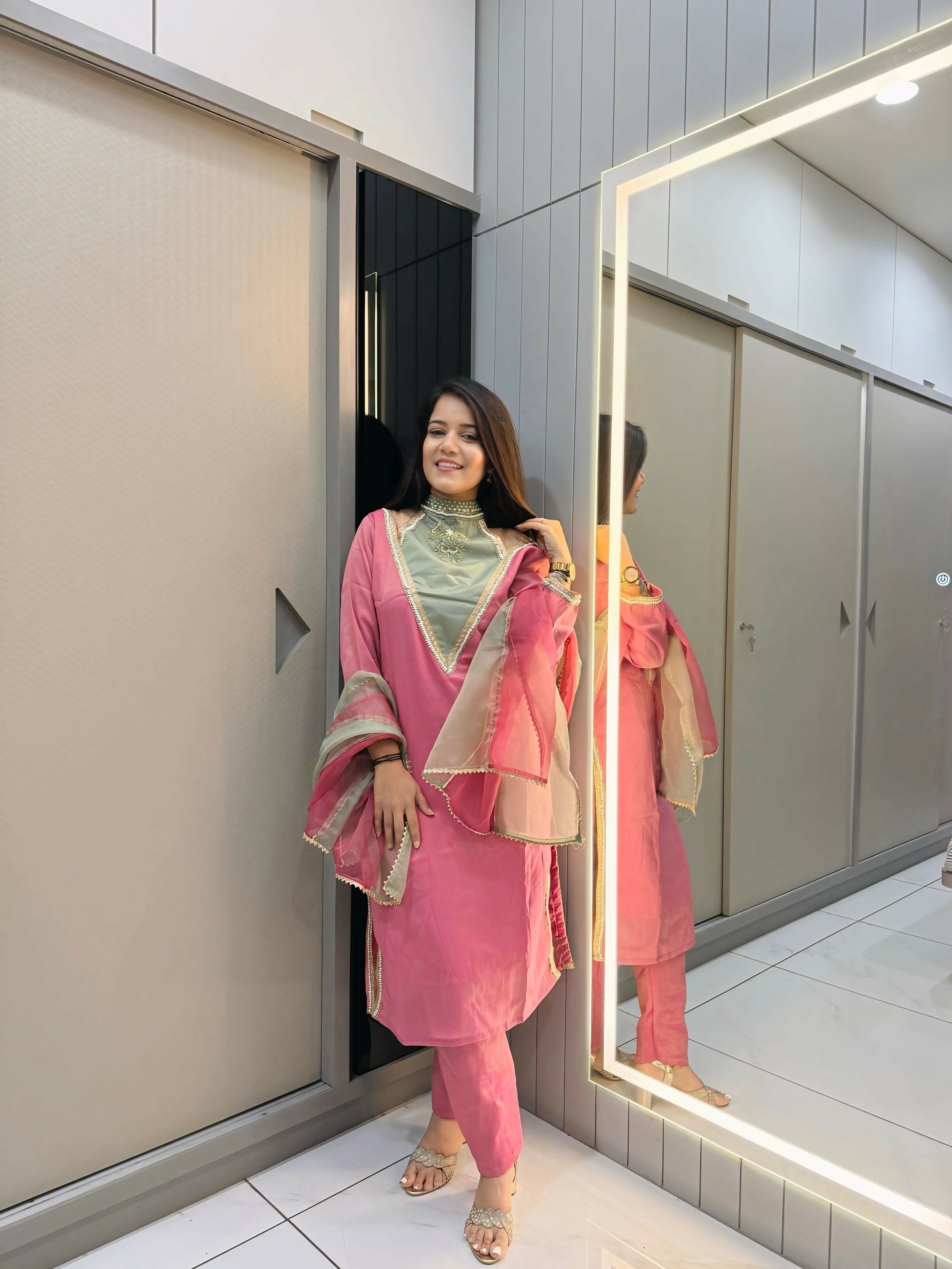 Anaita Rani-Pink Roman Shimmer Readymade Kurti Set with Designer Handwork - Distacart