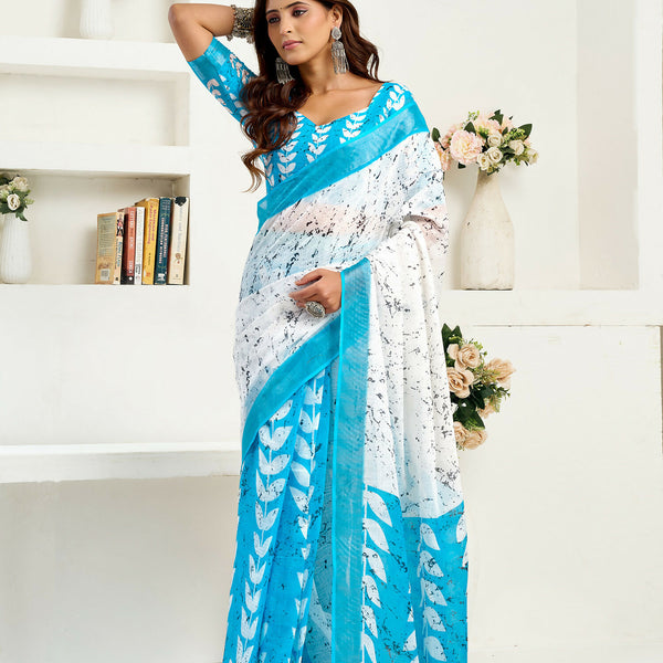 Joban Fashion White Leaf Linen Ready To Wear Saree With Unstitched Blouse - Distacart